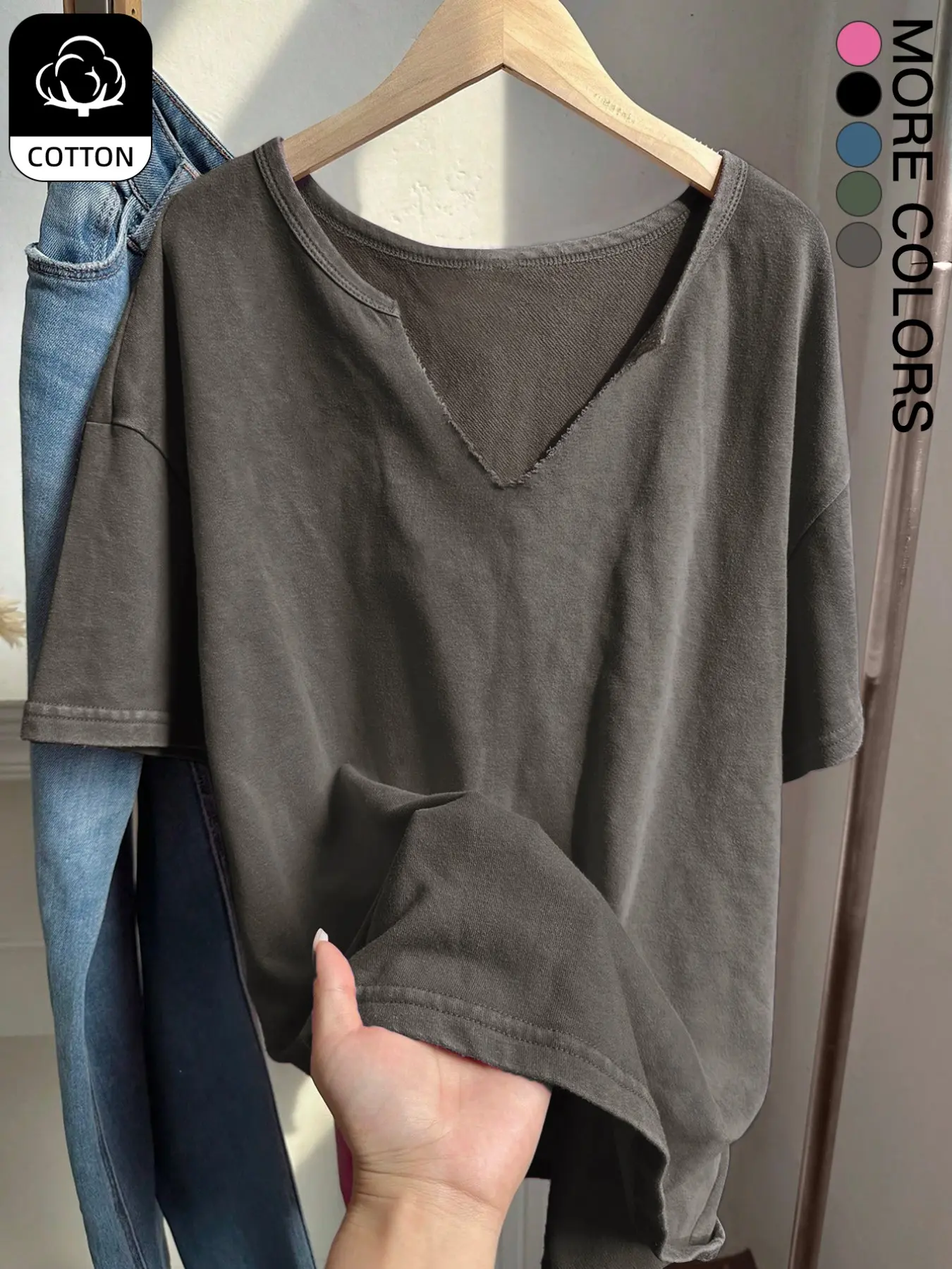 Women's Loose-Fit V-Neck Acid -Wash Vintage Basic Knitted Short Sleeve T-Shirt, Casual Comfortable, Breathable, Daily Wear, Office,Shopping, Dating