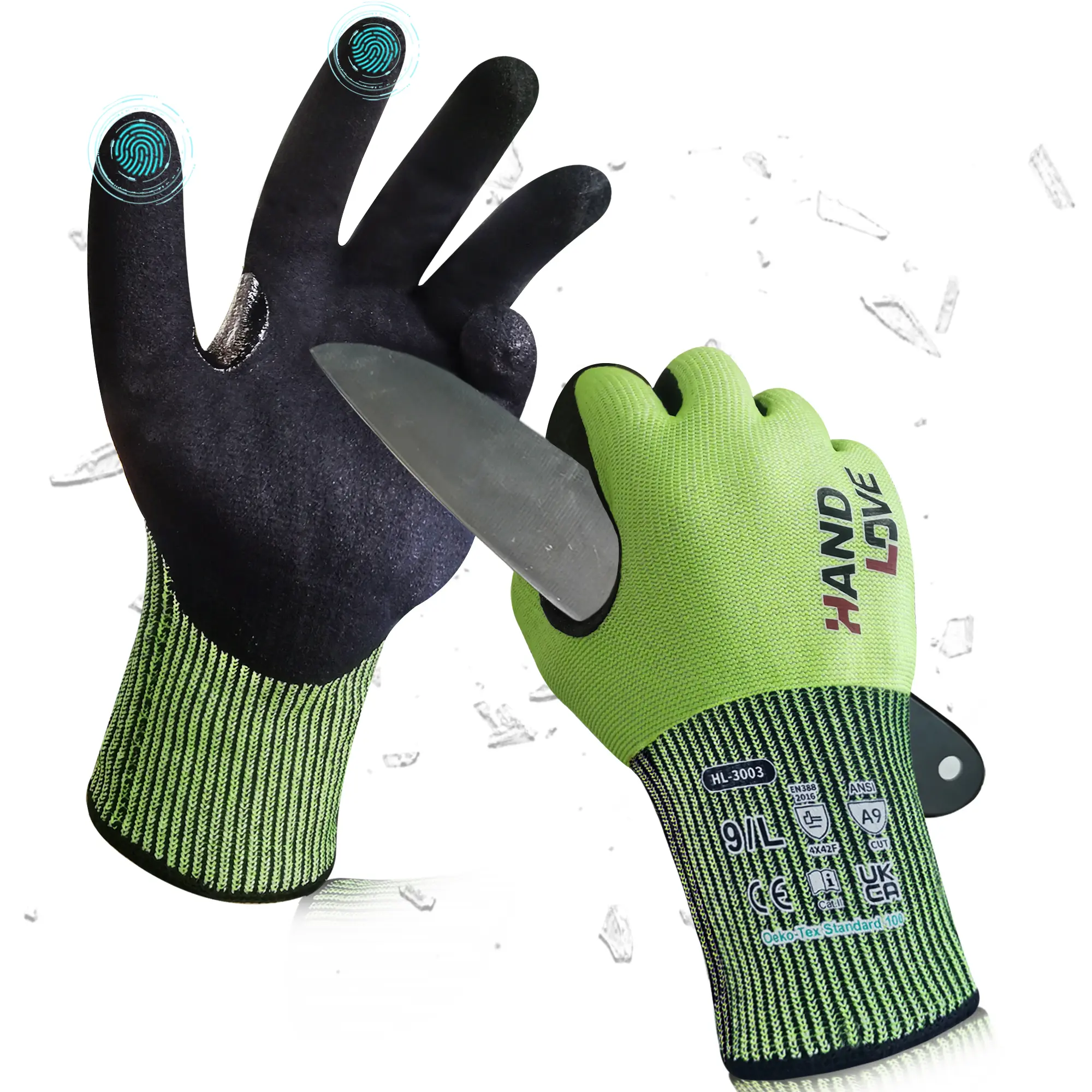 HandLove 2pairs  Cut Resistant Gloves, ANSI A9 Safety Work Gloves with Sandy Nitrile Grip, Touchscreen, Reinforced Thumb Crotch for Glass Handling, Woodworking, Metal Work