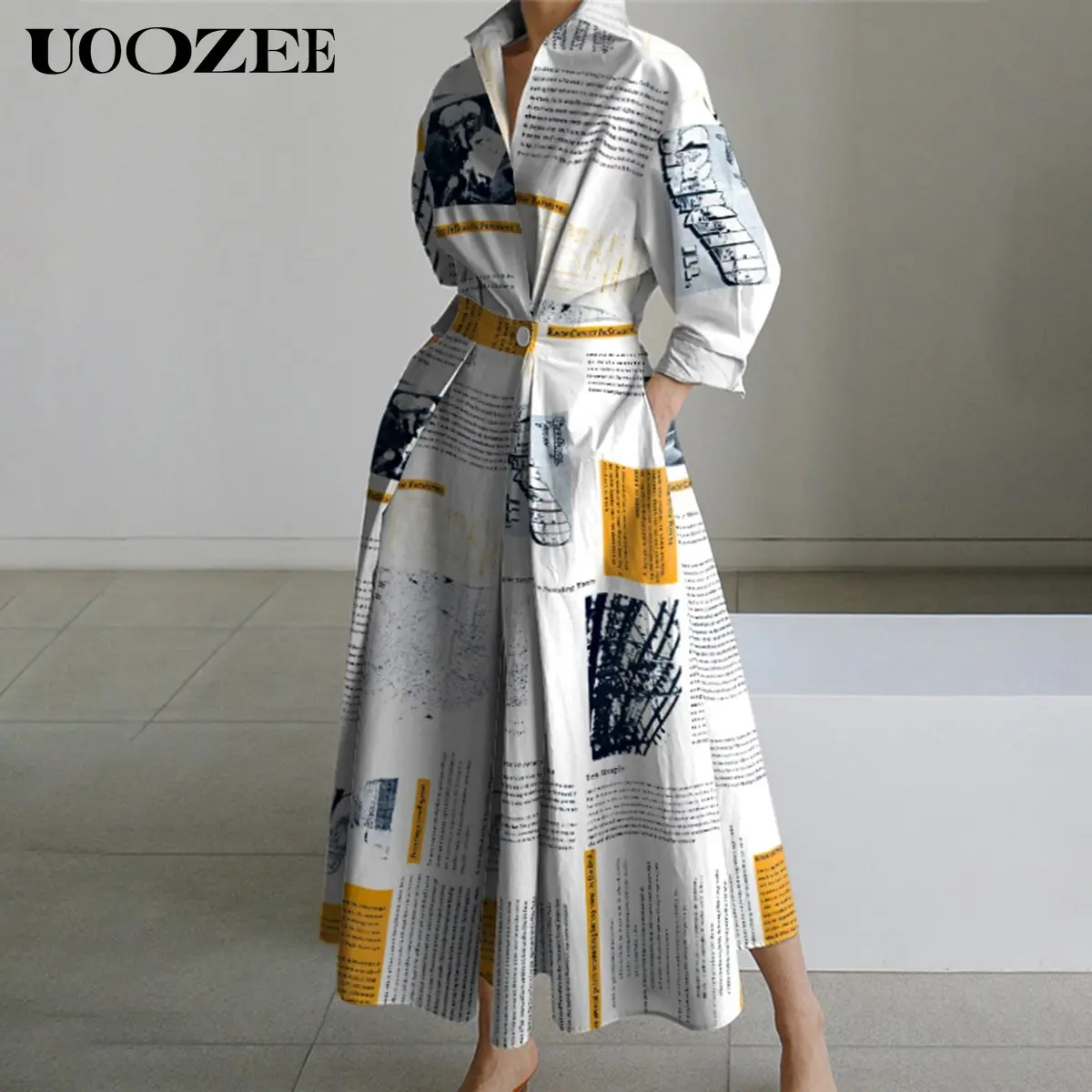 UOOZEE Lady's Longsleeves Collared Newspaper Print Pleated Midi Shirt Dress - Loose Fit, Tied Waist, Random Non-Positioning Reverse Print, All Seasons Casual Womens Dresses, Casual Wear, Print Casual Dresses