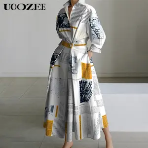 Long Sleeves Loose Newspaper Print Pleated Tied Waist Lapel Midi Dresses Shirt Dress-With Random Reverse Print Not Positioning Printing Summer Casual Womenswear Traditional