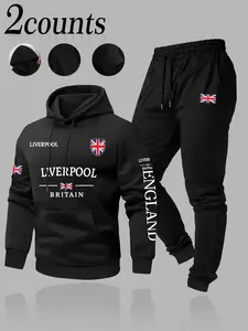Men's Liverpool & UK Flag Graphic Hoodie & Jogger 2-Piece Set, Graphic Athletic Tracksuit Set - Black Style with National Emblem Print, Sporty Casual Streetwear. Grab This Stylish Outfit for Patriotic Vibe