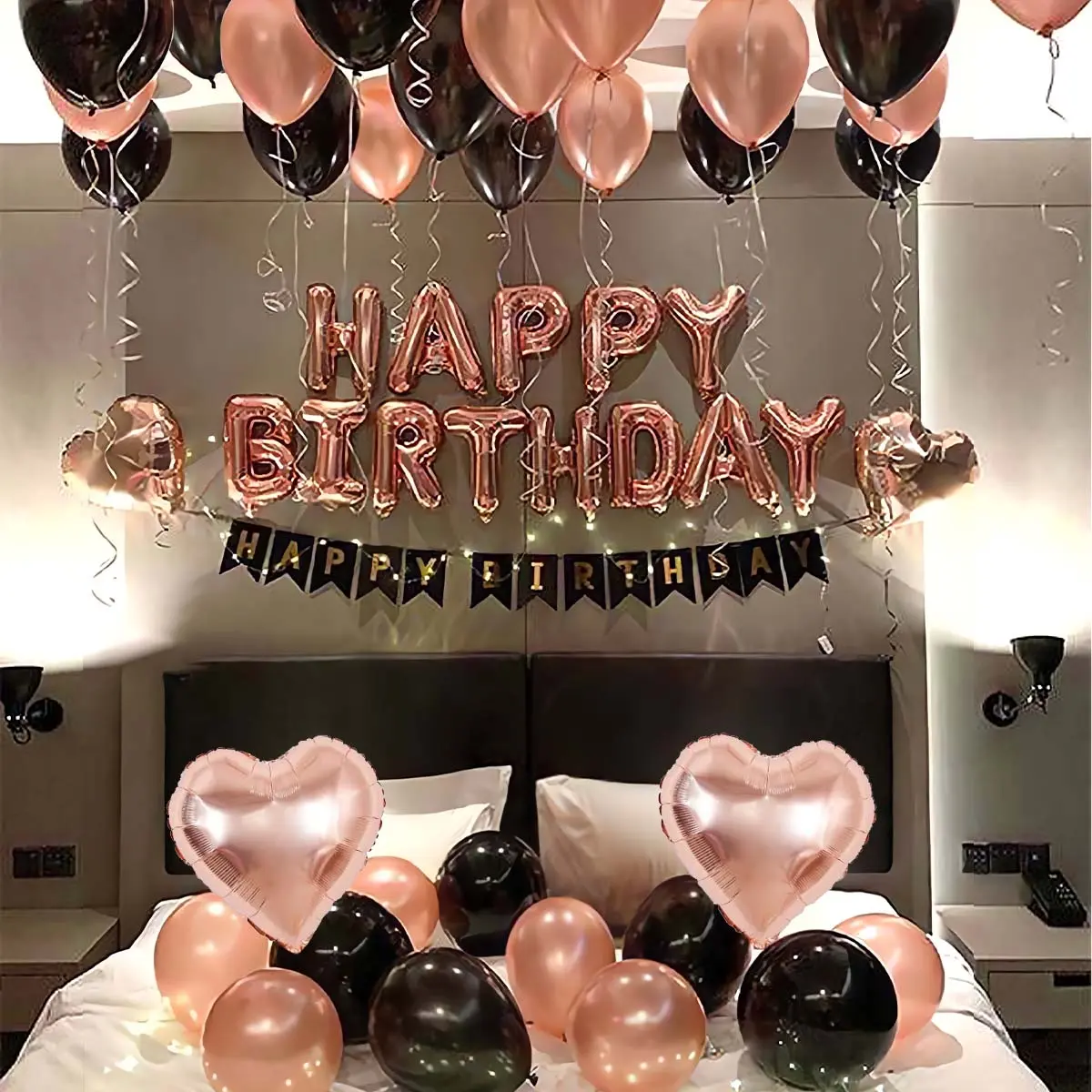 43pcs/set 16-inch Rose Gold 'Happy Birthday' Banner Balloon Set, Balloon Decorations Kit, for Birthday Party, Family Party Decorations, Wedding, Graduation, Engagement Bridal Shower Party Decoration, Heart Shaped Balloons, Balloon Party Supplies