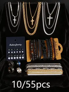 Men's Stainless Steel Jewelry Set, Unique Accessories Set, Casual Style Leather Bracelet Necklace Earrings, All-Seasons Gift for Him, No Box Included