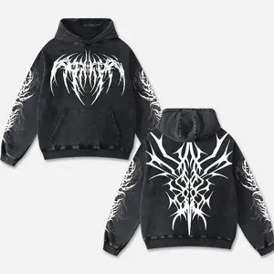 Retro Pale Monarch Washed Black Gothic Hoodie Cotton With Demon Tribal, Dark Streetwear Graphic Shirt, Dark Art Clothing Motorcycle Motorbike Supermotor Fan Gear