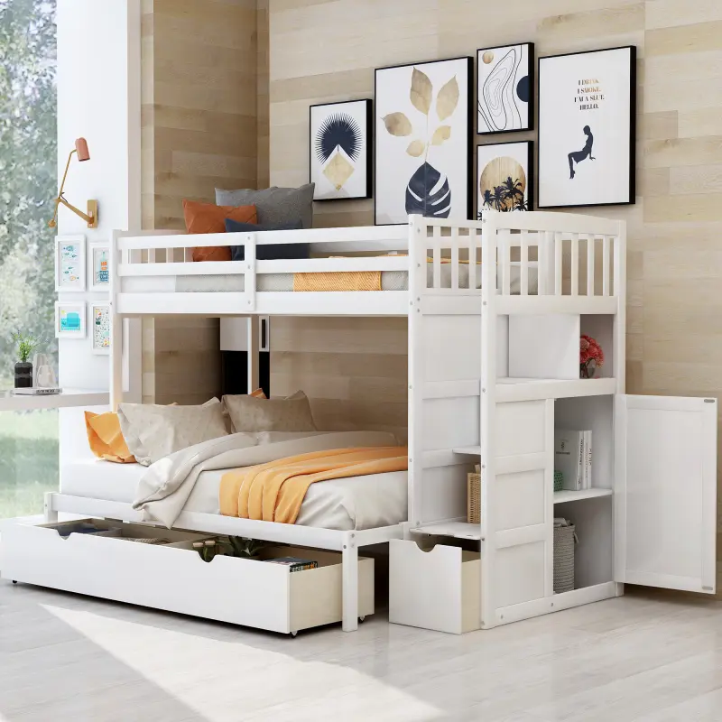【Bellemave】Twin over Full/Twin Bunk Bed, Convertible Bottom Bed, Storage Shelves and Drawers, White