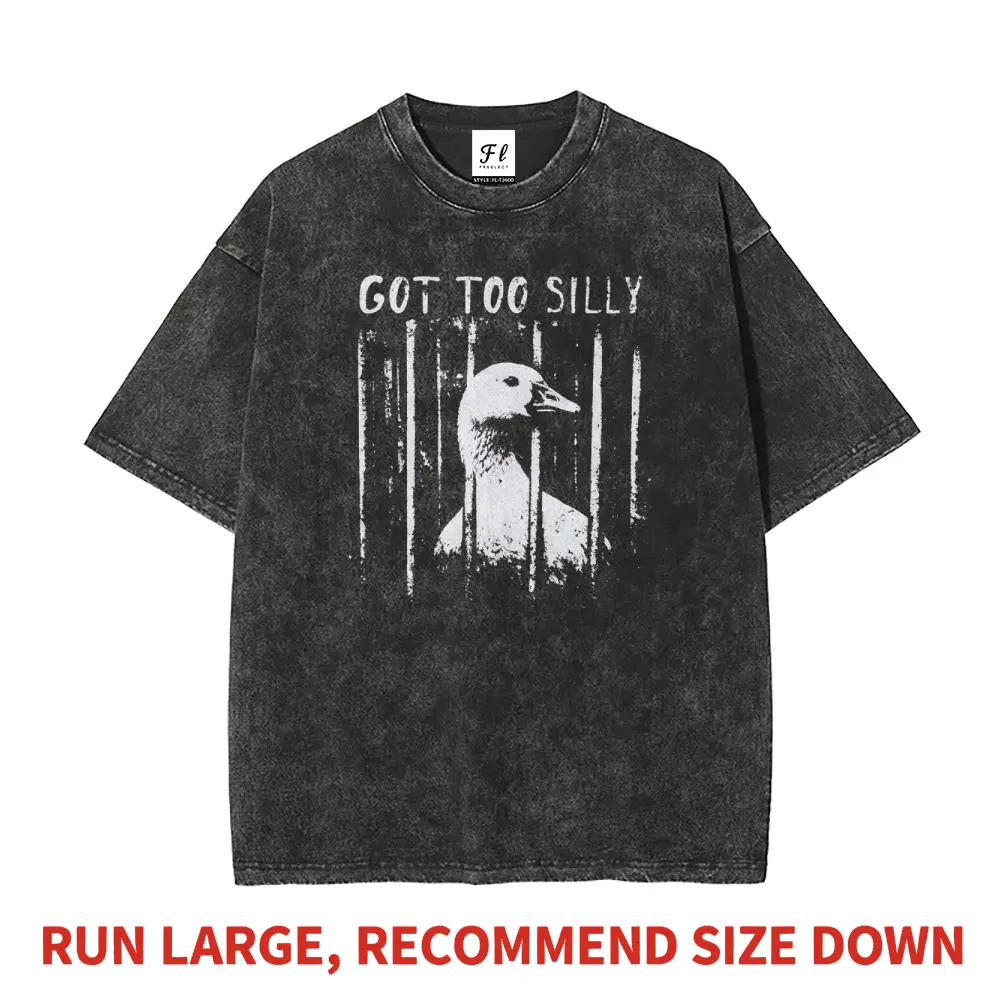 Men's Oversized Boxy T-shirt with Unhinged Goose Meme, Vintage Washed Heavyweight 100% Cotton, Casual Short-Sleeve Streetwear Top, Shortsleeve