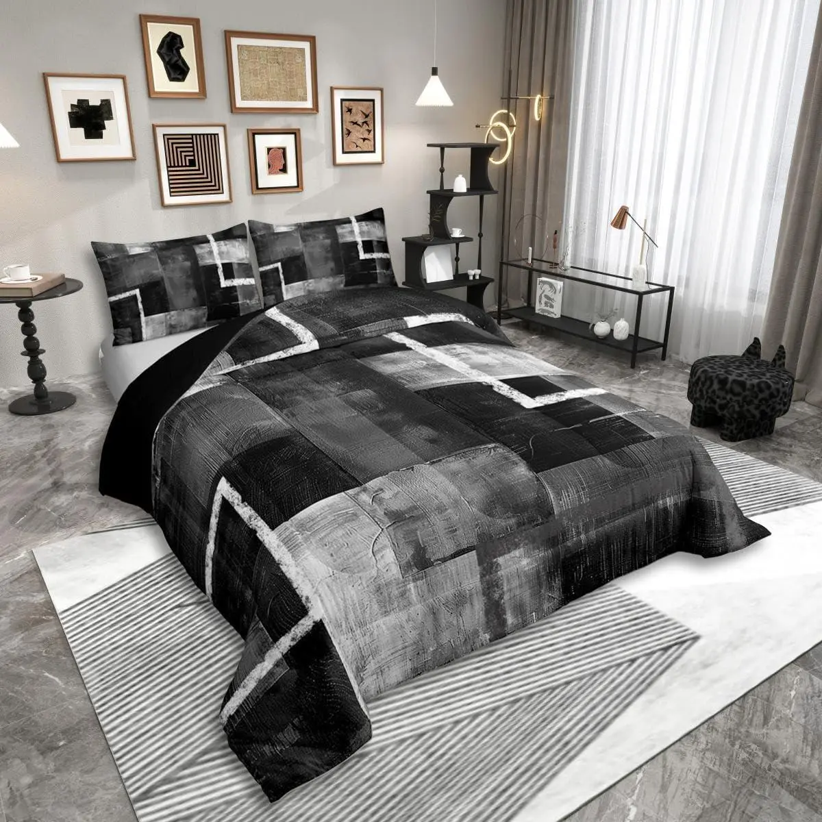 Feelyou Queen Comforter Set - Black Grey Oil Painting, Watercolor Patchwork, Geometric Abstract Graffiti Art Design, Decorative Bedroom Bedding Set for Teens