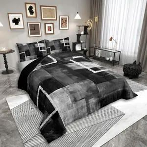 Feelyou Black Grey Oil Painting Queen Comforter Set - Watercolor Patchwork, Geometric, Abstract Graffiti Art Design, Decorative Bedroom Bedding Set for Teens, Room & Teen Room Decor