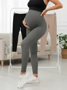 Maternity Solid Color High Waist Leggings, Casual Comfy Breathable Skinny Pants for Pregnancy & Postpartum, Maternity Bottoms for All Seasons, Prenatal Maternity Clothing