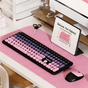 MOFii 1 Set Wireless Keyboard and Mouse Combo, Blackberry Pink Gradient Color, Retro Round Keys Full Size Office Keyboard and Mouse, Compatible with Laptop & Desktop, US QWERTY Layout