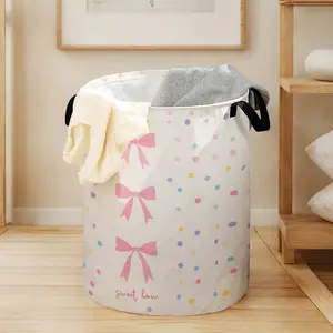Valentine's Day Colorful Polka Dot Bow Print Laundry Basket with Handle, Durable Halloween Foldable Dirty Clothes Storage Bin