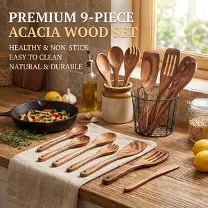 WOSPONFAN Teak Wood Cooking Set High-Quality Wooden Kitchen Tools with Smooth Polished Surface & Comfortable Handles for Easy Food Handling and Cleaning - Kitchenware Stainless Steel