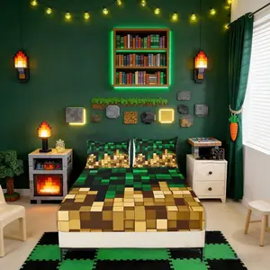 Pixelated Miners Blocks Boys Girls Bed Sheets,Patchwork Square Video Games Room Decor,Geometric Patchwork Grid Kids Fitted Sheet,Green Yellow Bedding Set,(No Flat)
