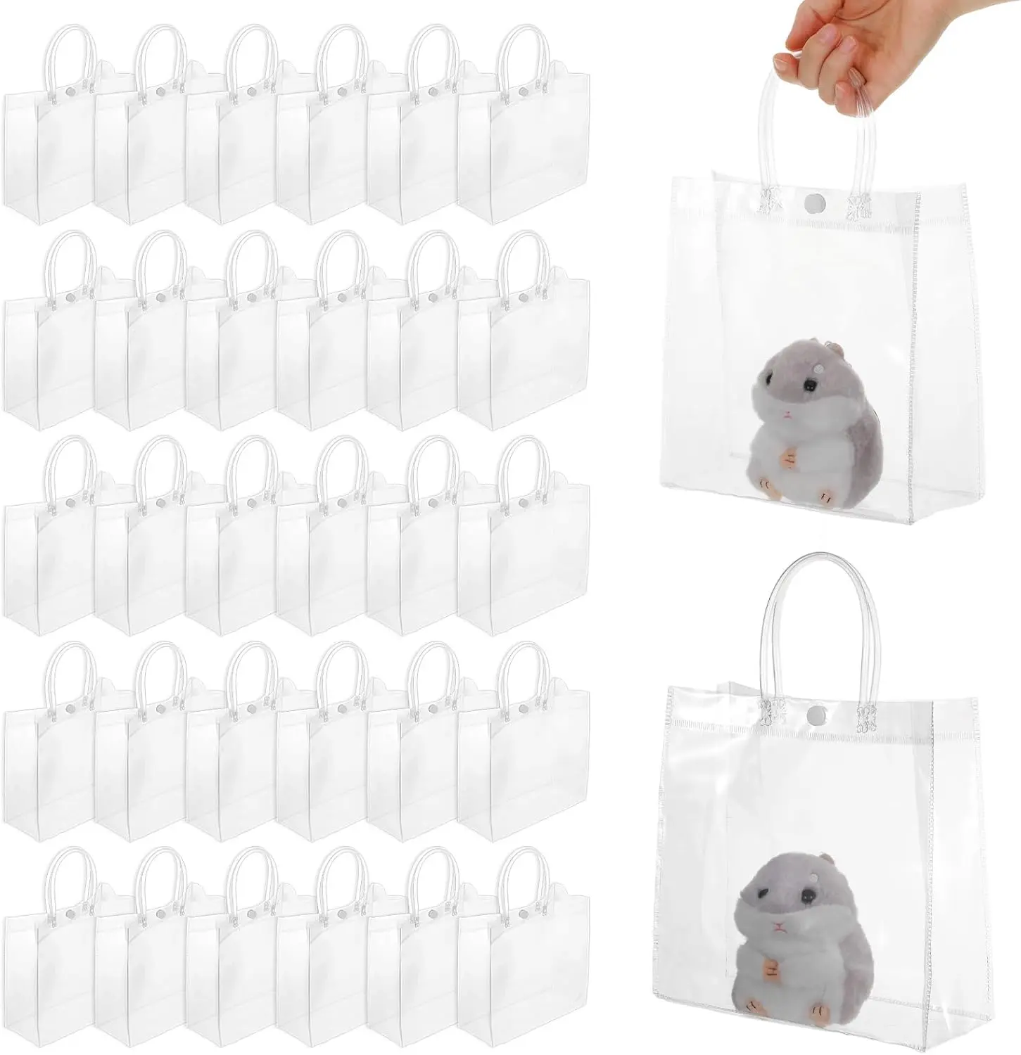 50 Packs Clear Gift Bags with Handles, 7.8" x 7.8" x 3.1" Reusable Party Favor Bags Plastic Gift Bag Transparent PVC Tote Bag for Wedding, Christmas, Birthday, Boutique