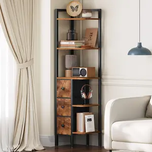 YATINEY Corner Shelf Stand, 5-Tier Corner Bookshelf with 3 Drawers, Industrial Display Shelf for Narrow Spaces, Wooden Small Bookcase, Easy Assembly, Rustic Brown and Black #SpringSale #BigSpringSale
