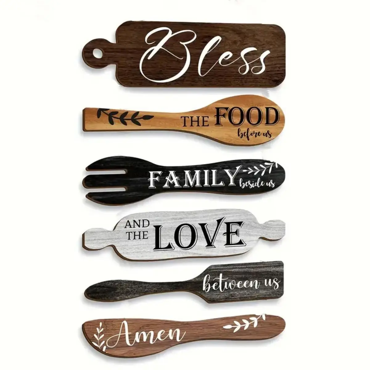 Wooden Letter & Leaf Pattern Wall Art, Rustic Farmhouse Design, 6 Counts/set Bless The Food Before Us Sign, Farmhouse Kitchen Wall Decor, Dining Room Decorations, Collage Wall Art, Home Decor Products