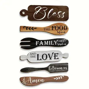 Wooden Letter & Leaf Pattern Wall Art, Rustic Farmhouse Design, 6 Counts/set Bless The Food Before Us Sign, Farmhouse Kitchen Wall Decor, Dining Room Decorations, Collage Wall Art
