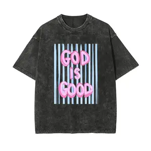 "God Is Good" Pink Bubble Letter T-Shirt, Blue Striped Retro Christian Tee, Vintage Washed Black Oversized Cotton Top, Faith-Inspired Coquette Apparel