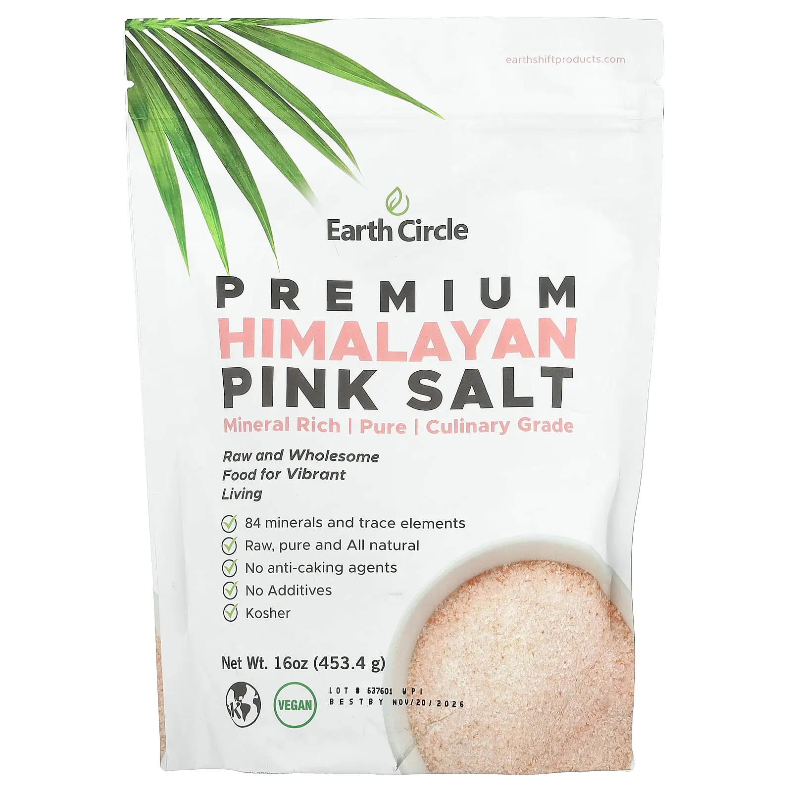 Earth Circle Organics Premium Himalayan Pink Salt, 16 oz (453.4 g)
