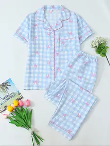 Women's Two-Piece Pajama Set, Casual Comfortable Fitted Lapel Pocket Woven Shirt Short Sleeve Print + Elastic Waist Home Pants, All-Season Everyday Sleepwear, Loungewear, Pjs