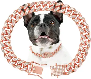 PetFusion Dog Chain Collar Diamond Link 12 mm Wide Rose Gold Crystal 8 Inch Durable Stylish for Small Medium Large Pets Jewelry Accessories