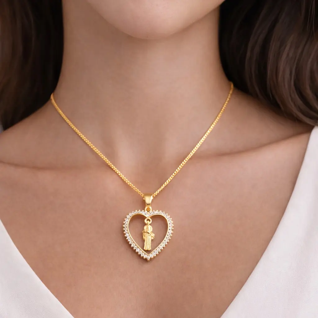 Female Elegant Saint Benedict Heart Necklace, Gold-Tone Finish Heart-Shaped Pendant for Daily Wear