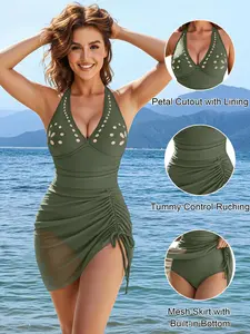 Women's Halter Neck Bodycon Skirted One-Piece Swimsuit, Sexy Holiday Beachwear, Slim-Fitting Tankini Bikini, Tummy Control Swimdresses, Mesh Swimsuits, Halter Bathing Suit, Skirt Style Swimdress, Halter Neck Swimwear