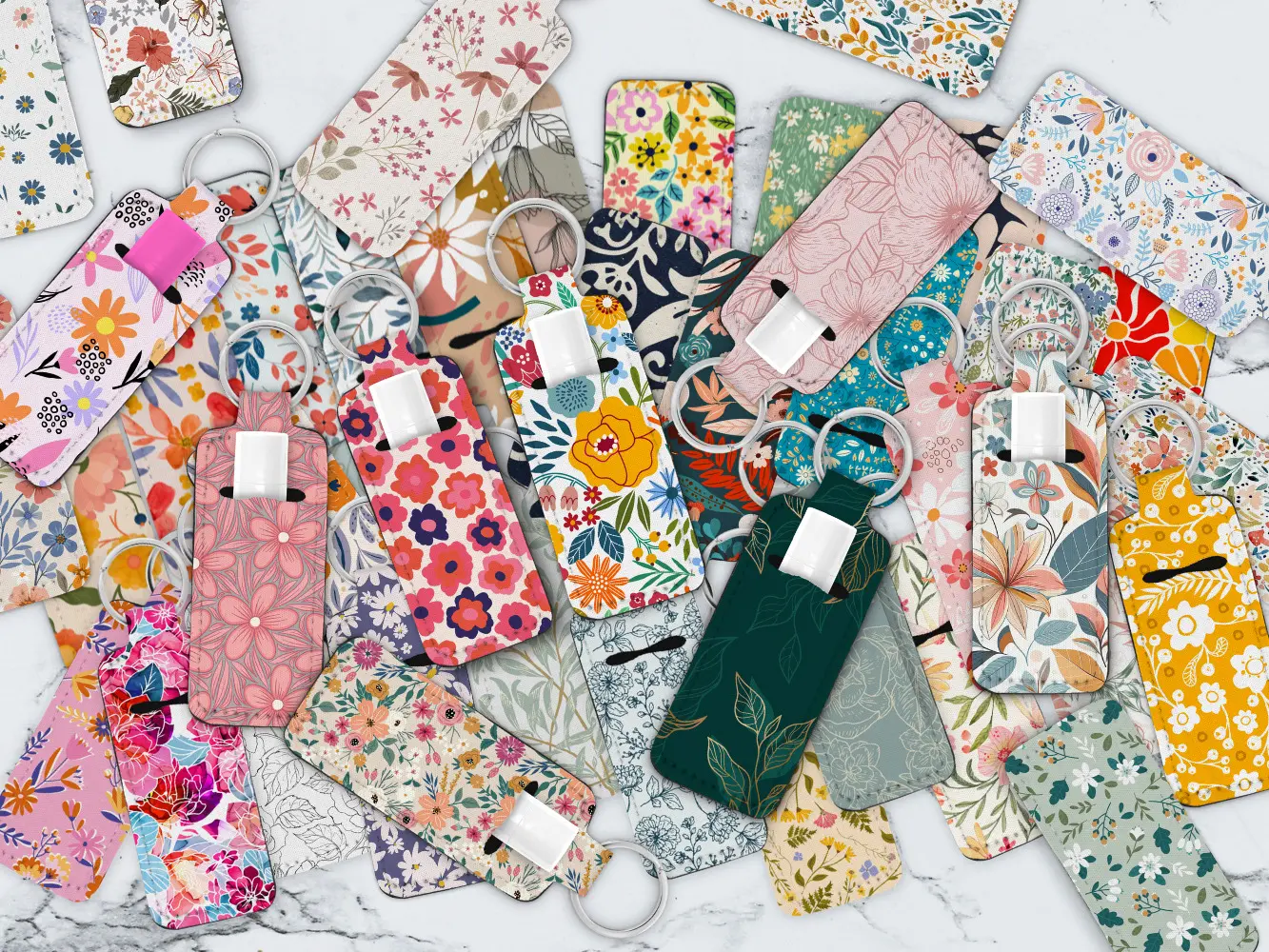 Cute Floral Flowers, Retro Boho, Y2K Pattern Lipstick Chapstick Holder for Keychain, Keychain Gift, Flower Pattern, Keychain Accessories