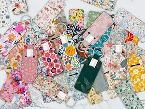 Cute Floral Flowers, Retro Boho, Y2K Pattern Lipstick Chapstick Holder for Keychain, Keychain Gift, Flower Pattern, Keychain Accessories