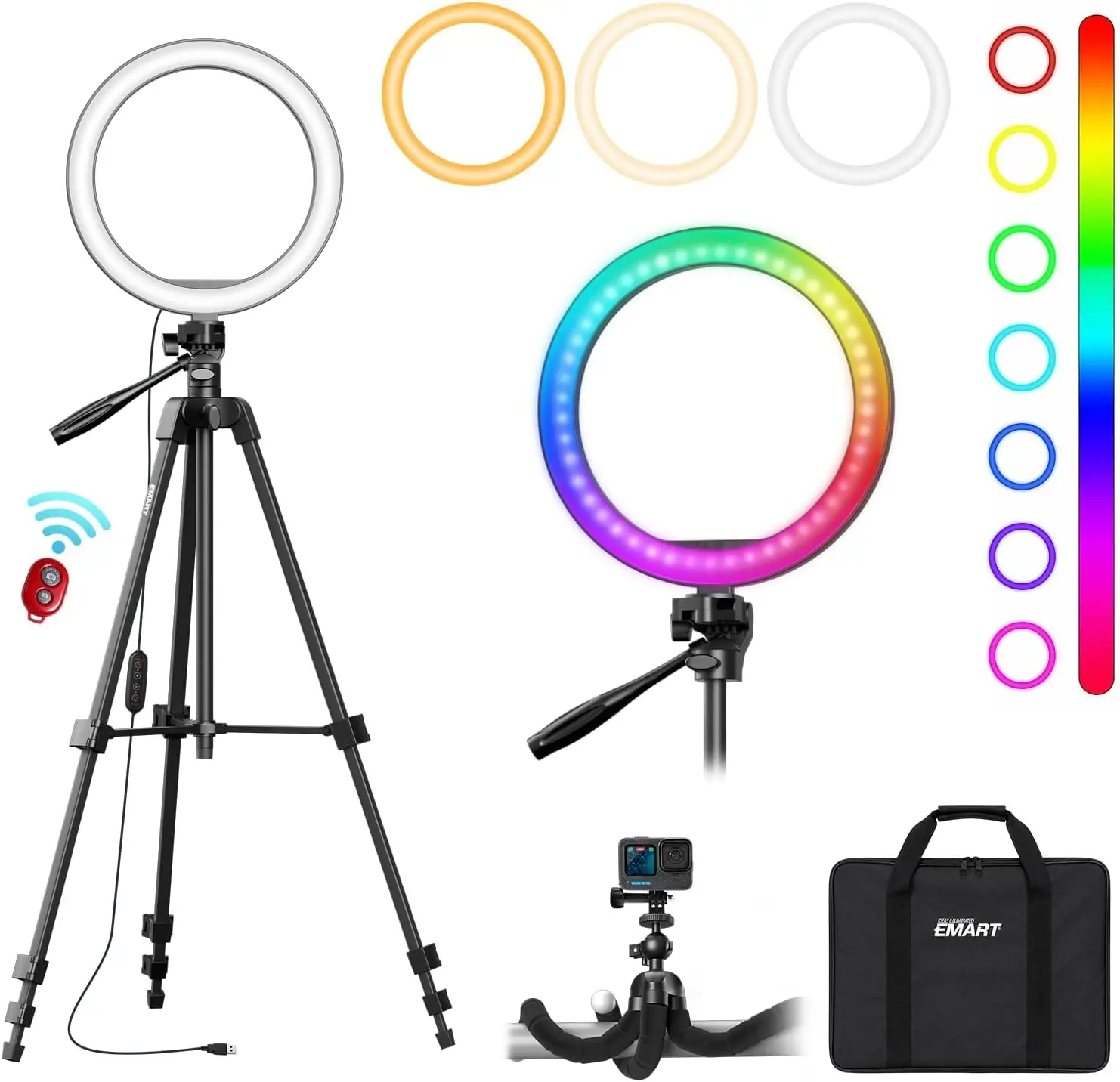 EMART Professional Portable RGB 10'' Ring Light with 55'' Adjustable Alu  minium Alloy Tripod & Phone holder 16 RGB Colors, Wireless, light tripod kit Bluetooth Controllable Compact LED Circle Selfie Light for Camera,TikTok,Streaming & Makeup
