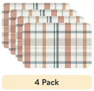 (4 pack) Woven Plaid Reversible Individual Table Placemat, 17.13" x 11.25", Tan, Flexible Plastic