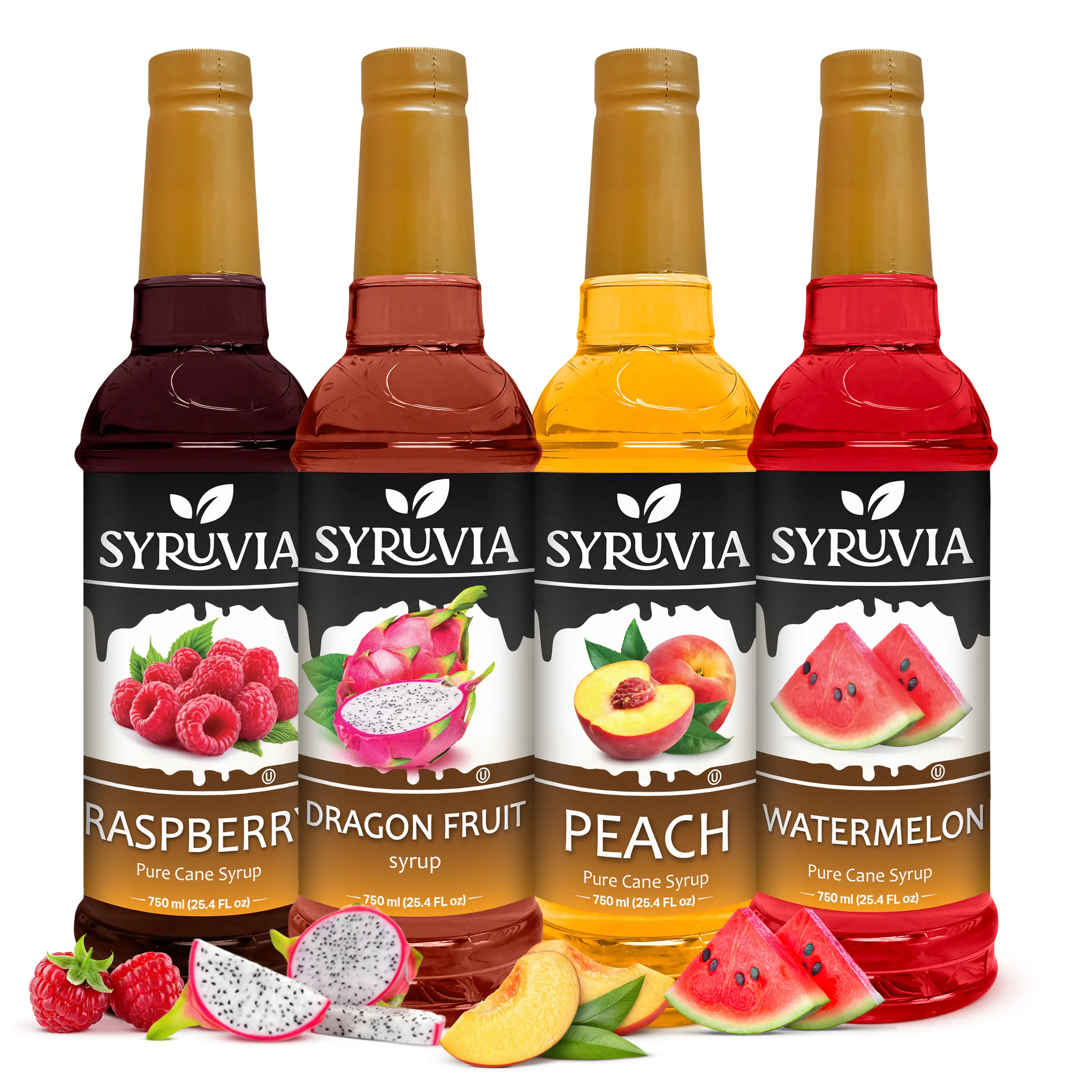 Syruvia Fruit Flavors Variety Pack – Raspberry, Dragon Fruit, Peach & Watermelon Syrup – Perfect for Cocktails, Lemonade,  Iced Tea & Beverages – 25.4 Fl oz Bottles (4 Pack)