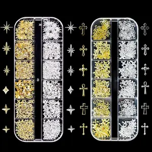 2 Boxes 3D Cross Nail Charms Gold Star Nail Gems Vintage Punk Metal Alloy Gold Silver Cross Star Nail Decorations for Gel Polish Supplies Accessories
