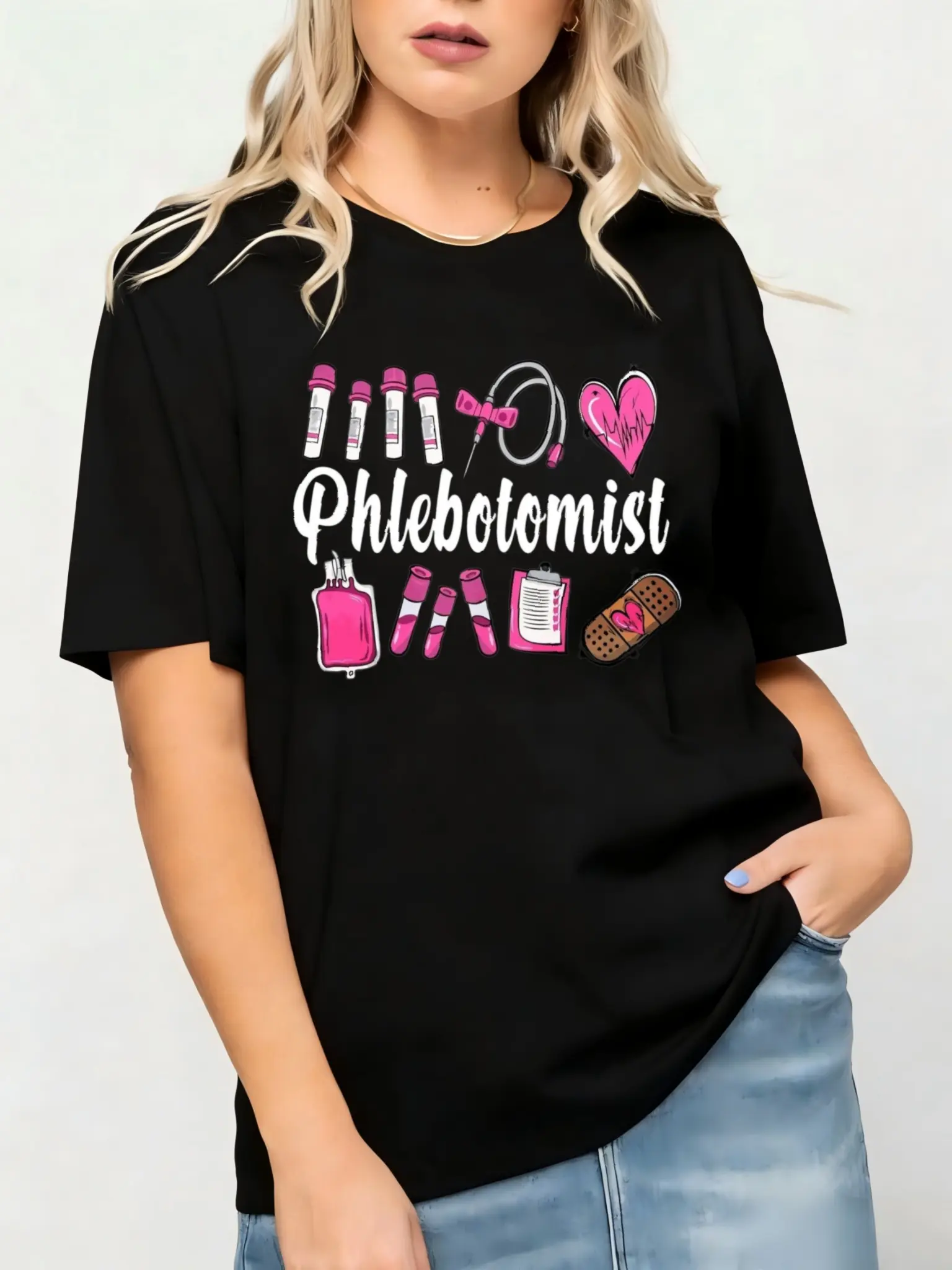 Women's 100% Cotton Short-Sleeve Round Neck Fitted Cartoon Graphic Print Casual T-Shirt - Nurse-Themed Top for Phlebotomists, Ideal for Wedding, Thanksgiving Occasions, Shortsleeve, Lady, Tshirt, Easter, Valentines Day, Digital Print, Cartoon Print