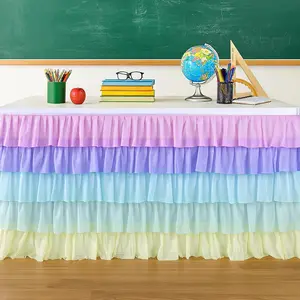 Teacher Desk Skirt 6ft x 30in Ruffle Table Skirt for Classroom 100D Chiffon Fabric Back to School Desk Curtain Teacher Table Decoration Pastel Rainbow