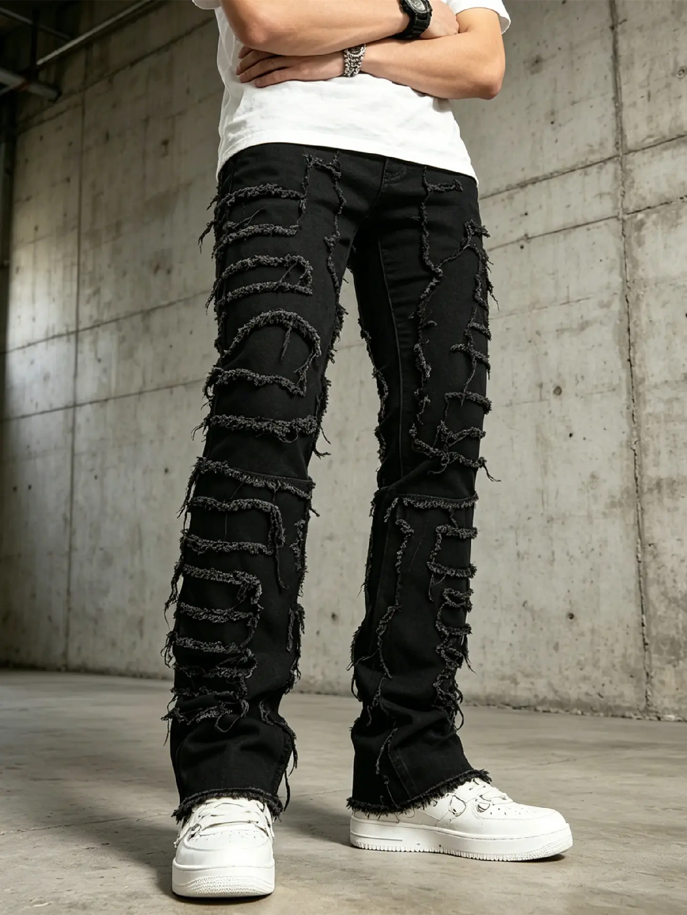 SRETOUU Stylish Men Hiphop Stacked Spliced Slim Biker Jeans Pants High Quality Male Streetwear Distressed Straight Flare Denim Trousers Menswear Classic