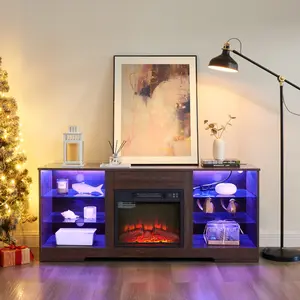 [Bellemave]TV Stand Electric Fireplace TV Stand with Glass Shelves, 3D Fireplace TV Stand with LED Lights Wood with USB Charging Outlet Modern Television Table Center for TV up to 32-62" ESP 58''W*15.5''D*24.4
