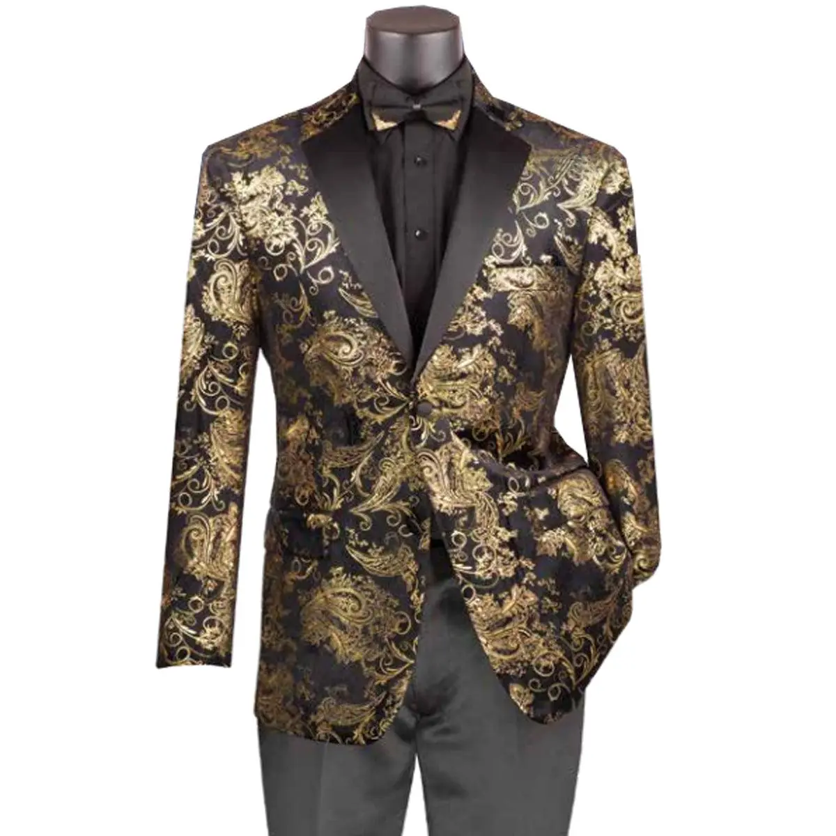 Mens Paisley Velvet Foil Smoking Jacket Tuxedo in Gold