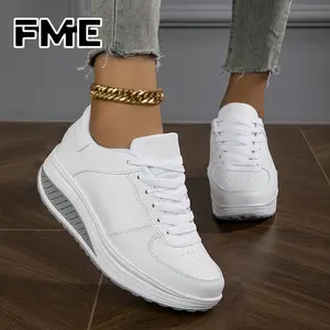 Women's Chunky Platform Lace-Up Sneakers - Thick Platform Height Increase, Lightweight Breathable PU Cover-like Texture & Arch, Shock-Resistant PVC Sole, Brown/Black/White/Grey/Tan/Tan/Brown