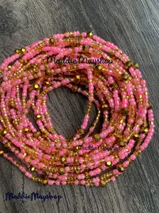 Pink and Bronze Crystal Waist Beads – Handmade Tie-On Body Jewelry for Women- 45"- 50"