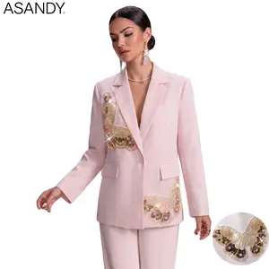 ASANDY Women's Sparkly Long Sleeve Light Pink Blazer - Handcrafted 3D Vintage Butterfly Sequin Embroidery, Elegant Versatile 1-Piece Office & Party Suit Jacket with Stylish Design tiktokshopspringglowup