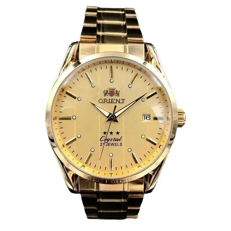 ORIENT Three Star Crystal 21 Jewels Men Watch Full Gold Stainless Steel Bracelet Single Date Display Luxury Business Formal Wrist Watch for Men