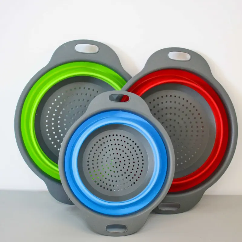 3-piece plastic foldable kitchen filter set, Collapsible Strainers for kitchen, Food Colander Kitchenware, Kitchen Strainer Utensils, space-saving folding strainer for cleaning fruits and vegetables, easy-to-clean strainer basket, green, red