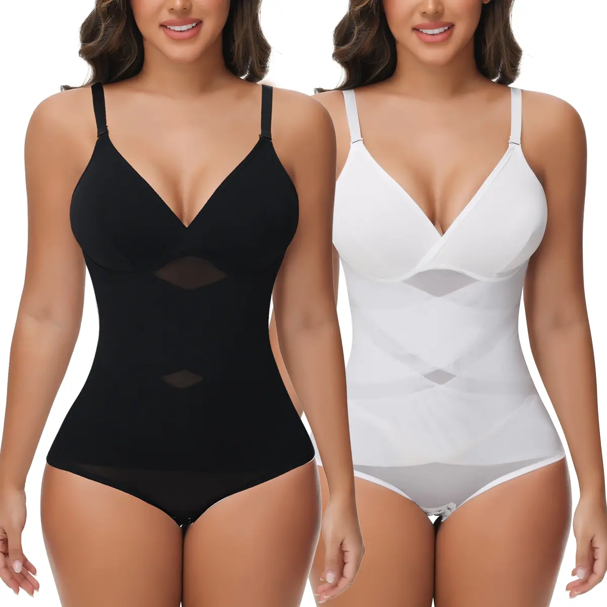 Women's Basic Contrast Mesh V-Neck Spandex Bodysuit Shapewear - Tummy Control, Butt Lifting, Compression Faja Waist Trainer, Comfortable Fabric Casual Wear for All Seasons, Shapewear for Women