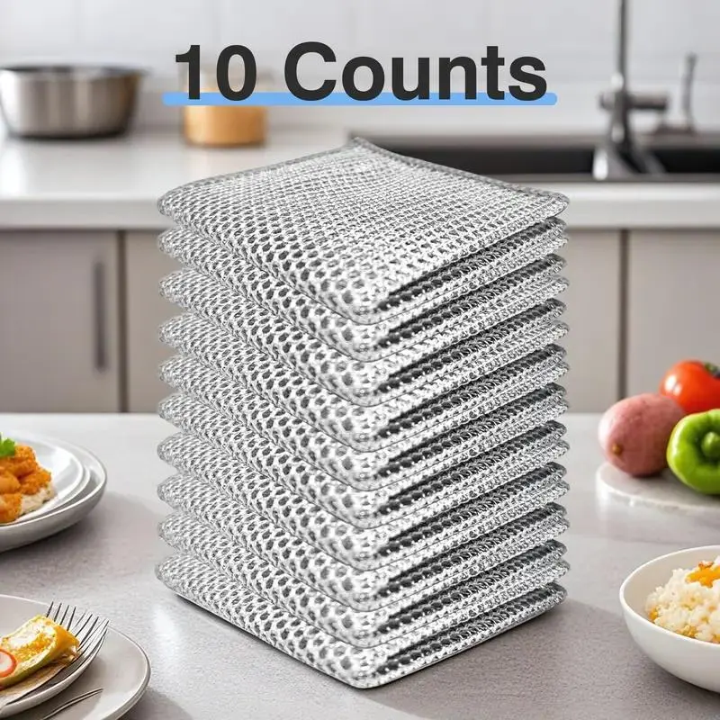 10-Count Non-Scratch Steel Wire Dishcloths, 2-Layered Household Sponges & Scouring Pads, Multipurpose Cleaning Rags for Kitchen Users’ Wet & Dry Cleaning Tasks