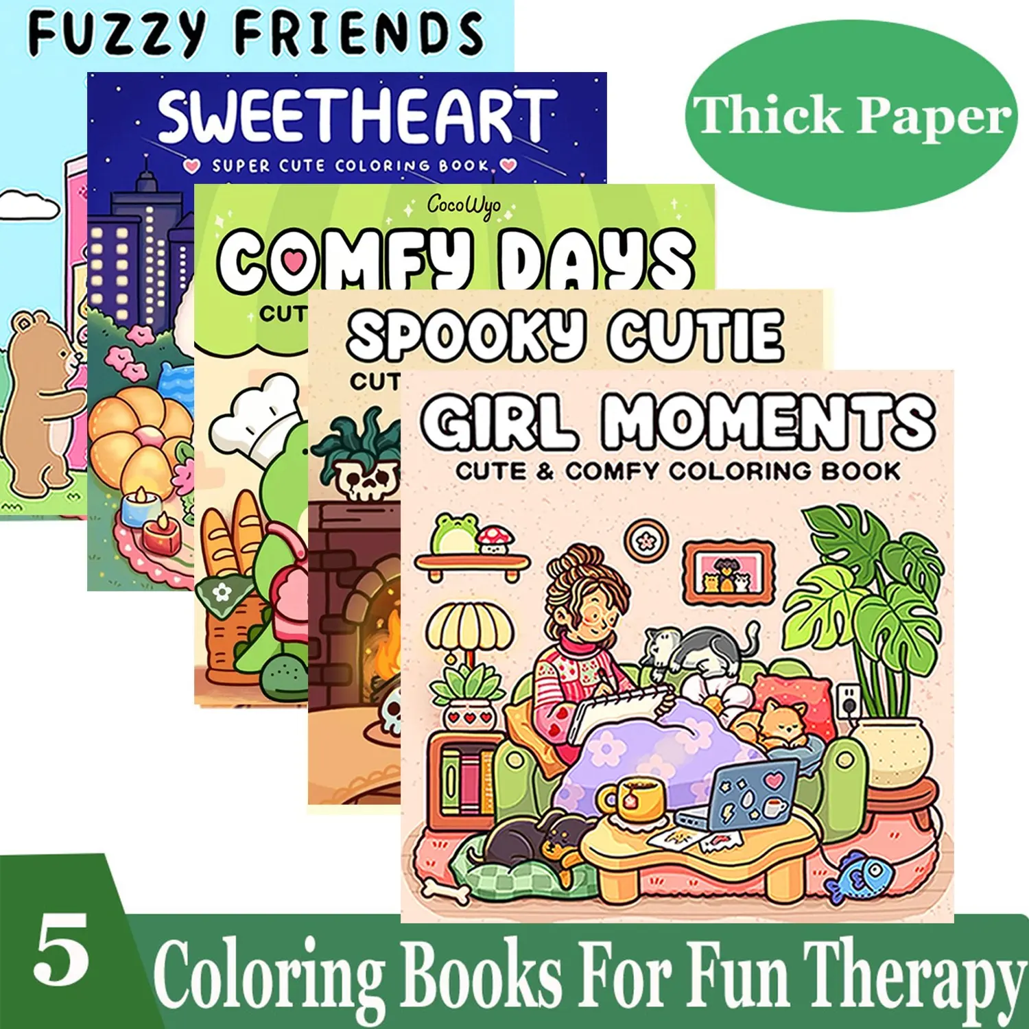 5-Piece Coloring Set:GIRL MOMENTS&FUZZY FRIENDS&SPOOKY CUTIE&SWEETHEART&COMFY DAYS,Charming Coloring Book for Adults and Teens Featuring
