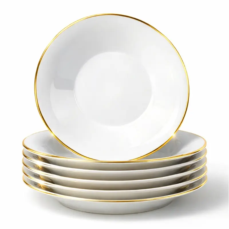 4pcs 9.5 Inch Spinning Soup Plate Luxury Gold Rim Porcelain Deep Dinner Plate Premium Elegant Fine Dinnerware High End White Ceramic Serving Dish for Pasta Salad Soup Wedding Banquet Tableware Set