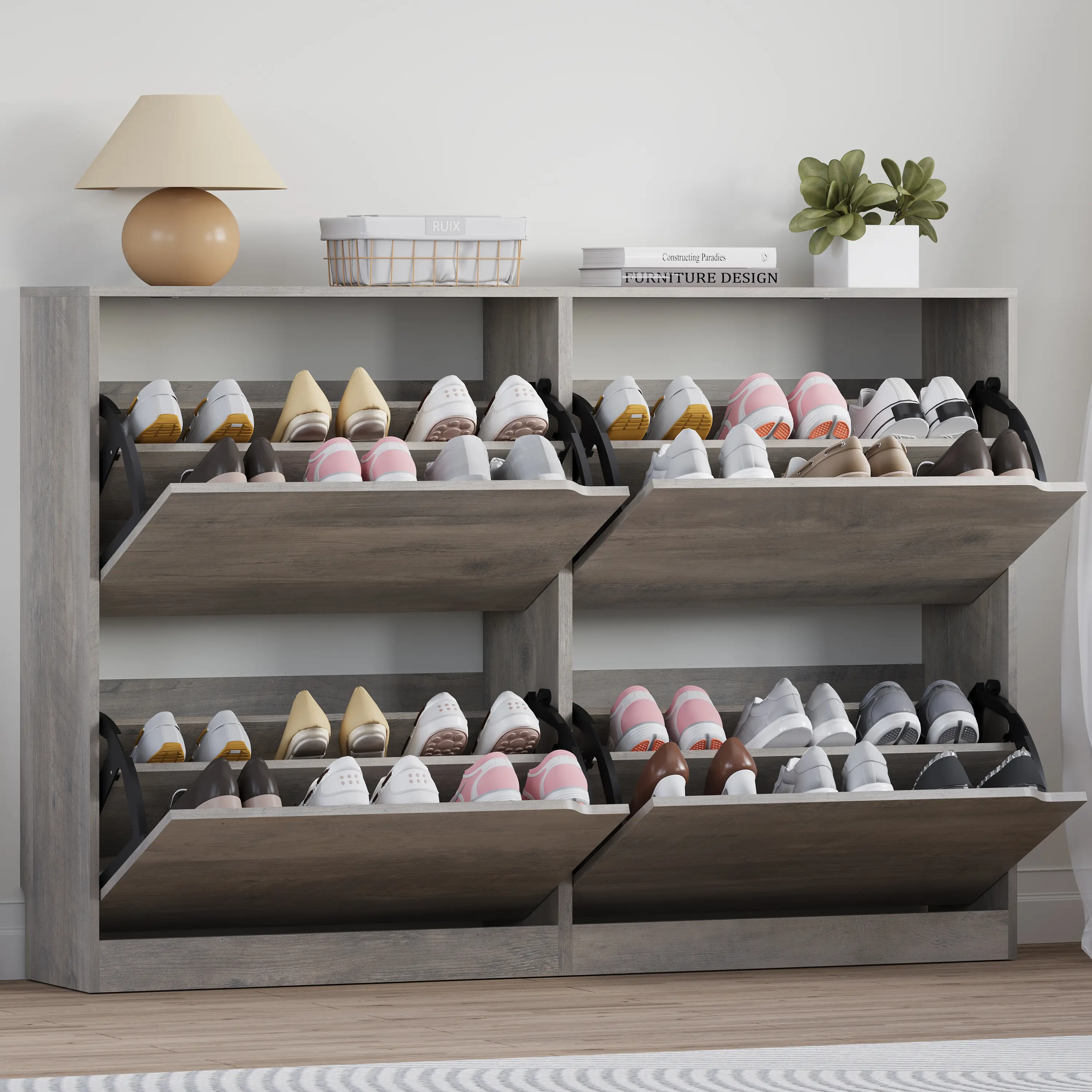 4-Drawer Flip-Top Freestanding Narrow Wood Shoe Rack - Stable Rectangle Indoor Furniture with Embedded Door Handle, Hidden Storage for Entryway, Living Room