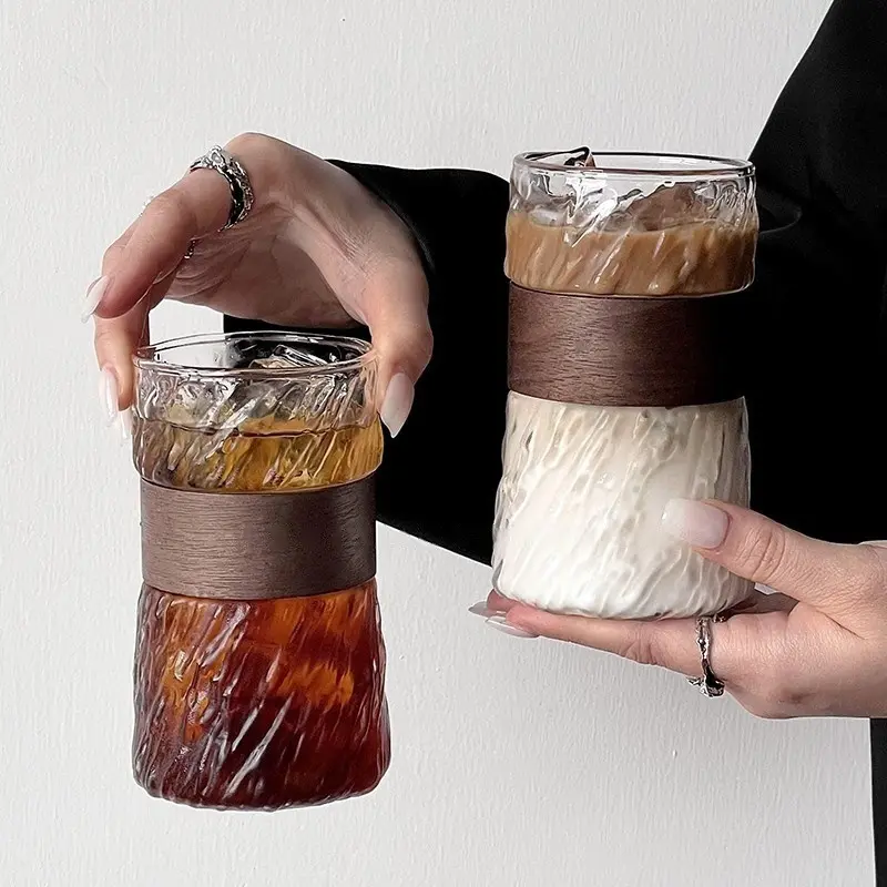 Glacier Textured Borosilicate Glass Tumbler with Wooden Sleeve, Thickened Insulated Cup, Glass Cup, Food Grade BPA Free, Easy Clean, Dishwasher Safe for Iced Coffee, Home Office Use, Housewarming Gift for Coffee Love, Thickened Glass Cups