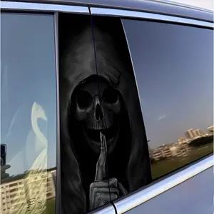 Creative Black Skull Hat 2-Pack "Silent Driving" Car Sticker Premium Skull Stickers - Durable Vinyl Protective Film for B-Pillar Exterior Accessories, Semi-Matte Finish, Self-Adhesive, Single Use, Metal Surface Compatible, Rectangular Design, Side Decals